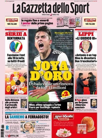 Portada GAZZETTA DELLO SPORT 10 junio 2020