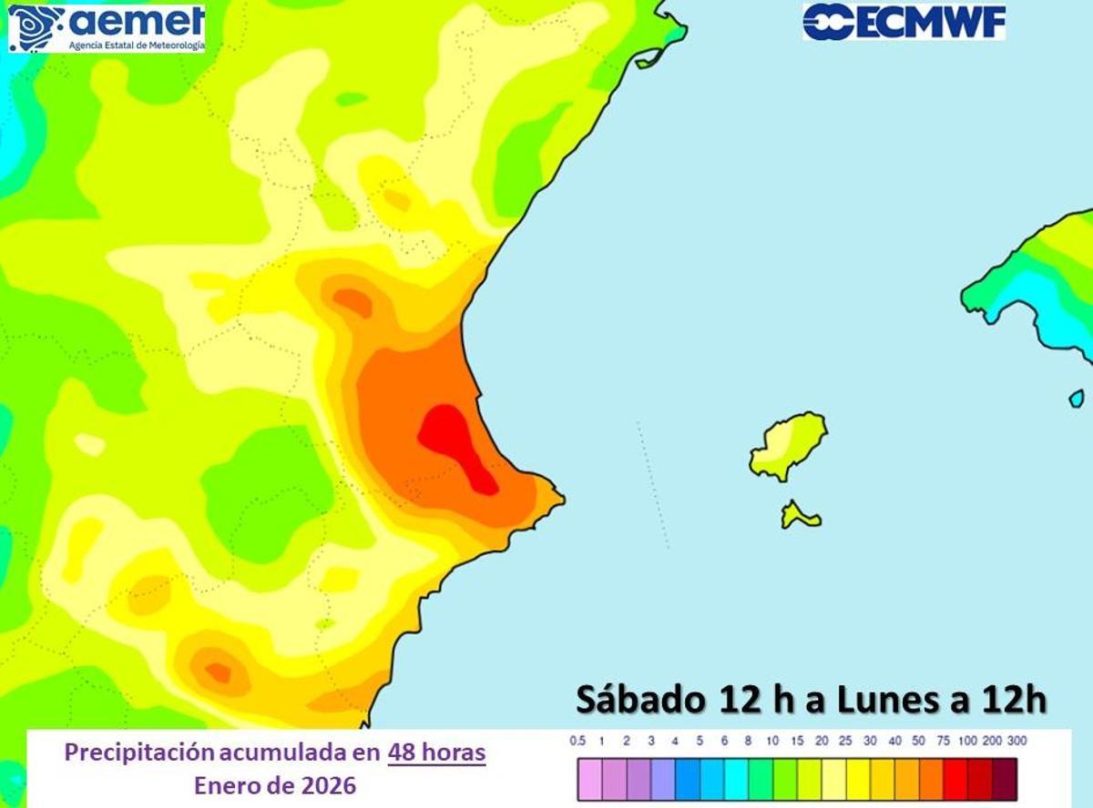 Precipitación prevista para el fin de semana en la Comunitat Valenciana.