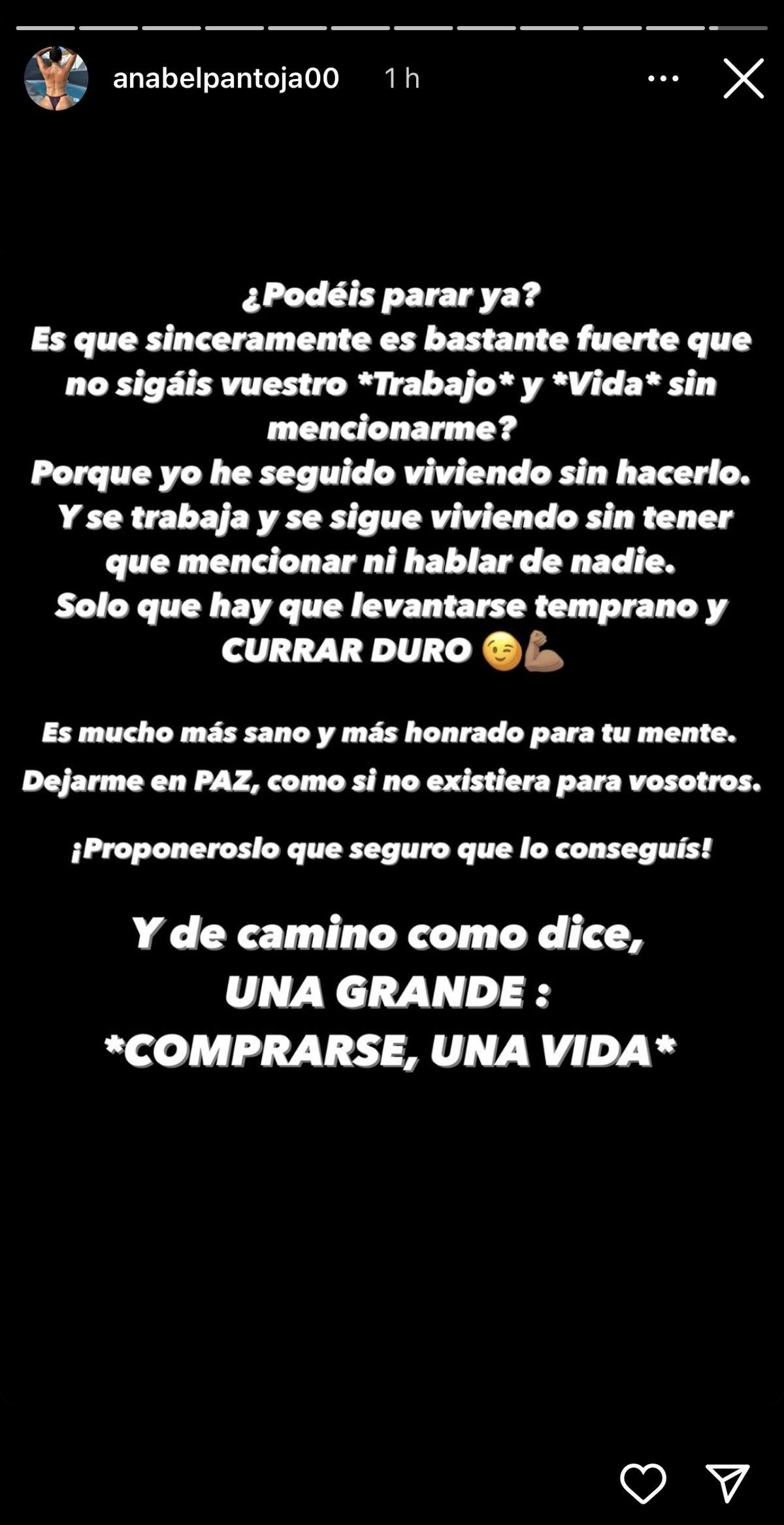 Captura de la publicación de Anabel Pantoja en su perfil de Instagram