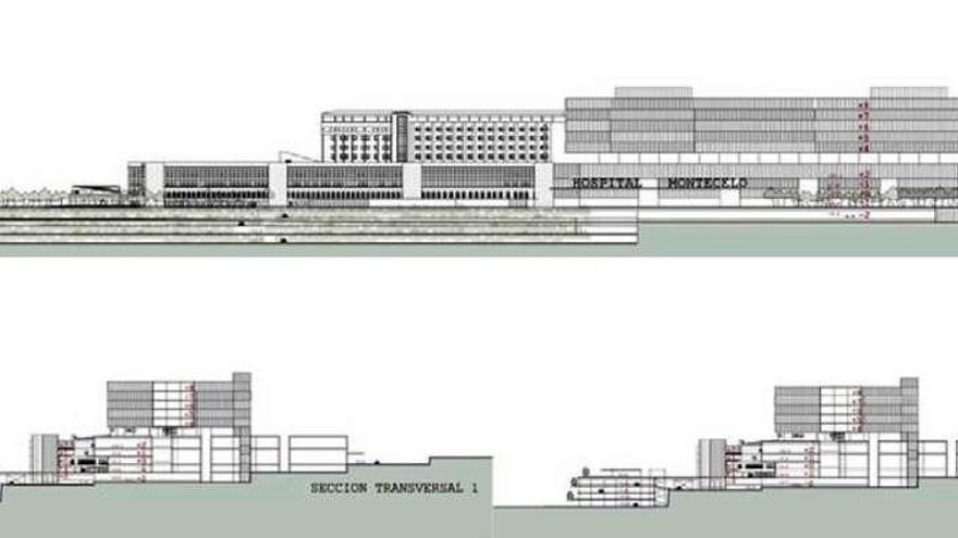 Planos con el alcalde y las secciones del futuro hospital que se incluyen en el proyecto sectorial. // Sergas