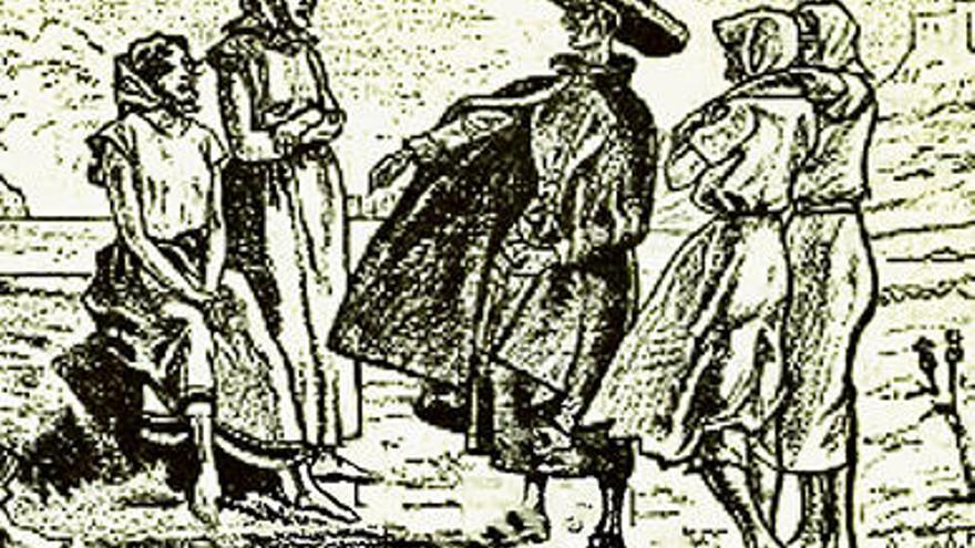 Die Illustration zeigt Pater Estelrich auf Cabrera im Kreis von Frauen im Jahr 1809. Deren Präsenz auf der Insel war dem Geistlichen ein Dorn im Auge.