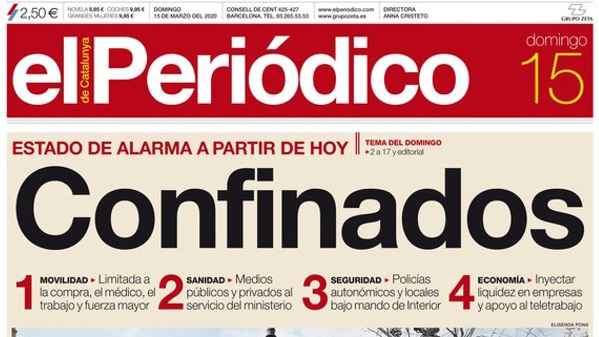 La portada de EL PERIÓDICO del 15 de marzo del 2020.