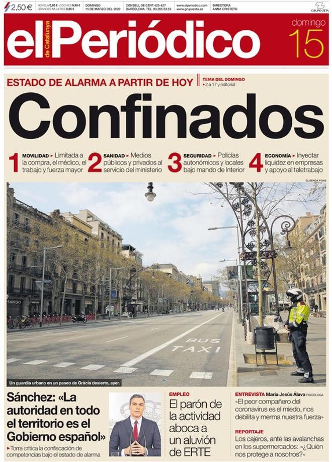 La portada de EL PERIÓDICO del 15 de marzo del 2020.