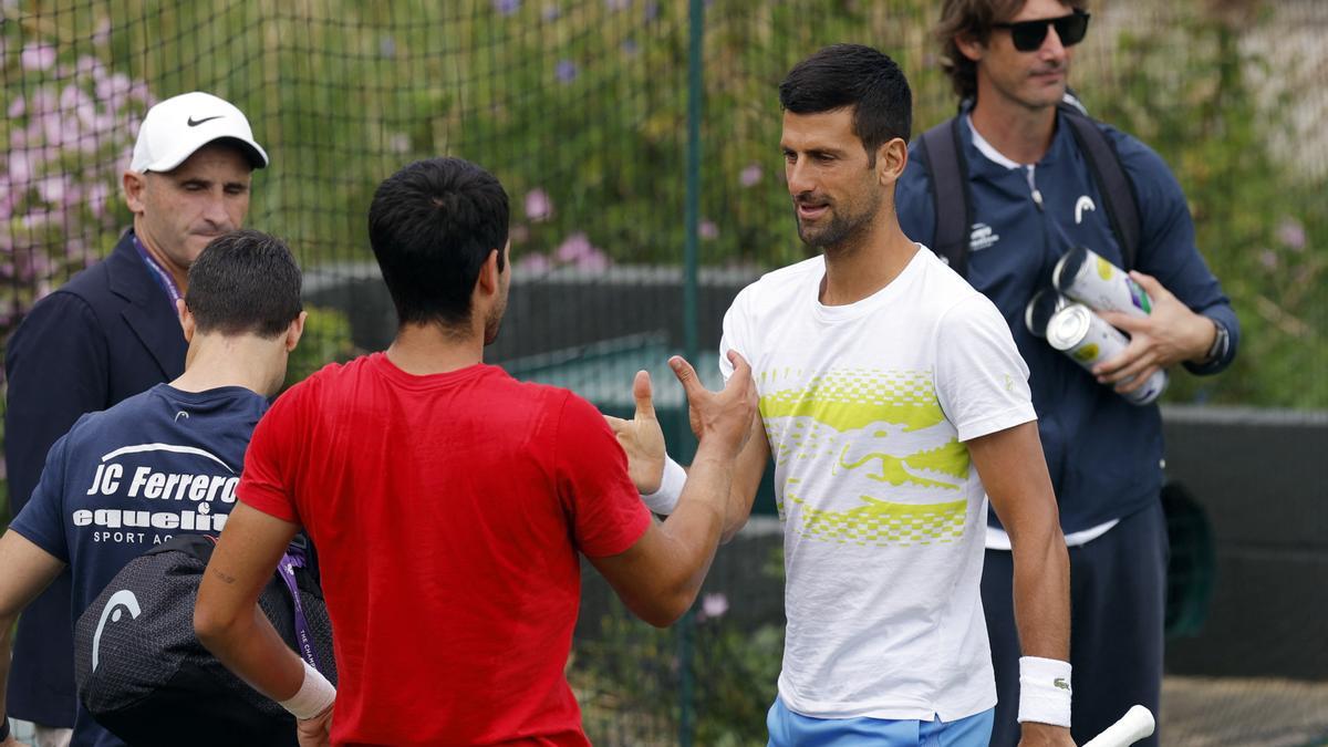 Carlos Alcaraz y Novak Djokovic se saludan en el entrenamiento previo a Wimbledon