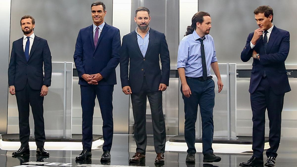 Archivo - Los candidatos de un debate a 5 en las últimas generales: Pablo Casado (PP); Pedro Sánchez (PSOE); Santiago Abascal (VOX); Albert Rivera (Ciudadanos); Pablo Iglesias (Unidas Podemos)