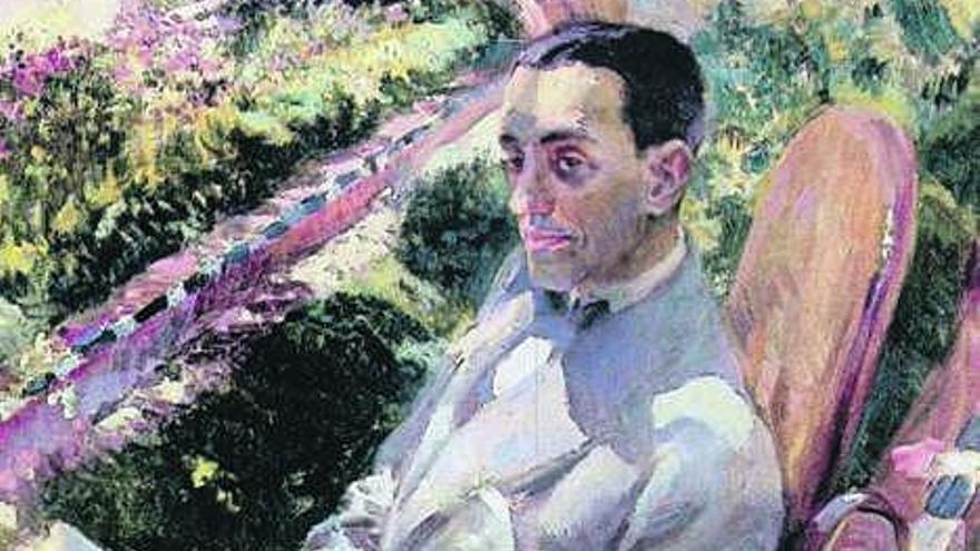 Arriba, el retrato de Ramón Pérez de Ayala, de Sorolla, datado en 1920 y que es propiedad de la  Hispanic Society of America de Nueva York; sobre estas líneas, otro retrato de Pérez de Ayala de 1920, propiedad de un particular y que le fue ofertado al Museo de Bellas Artes de Asturias en 1983 (véase despiece).