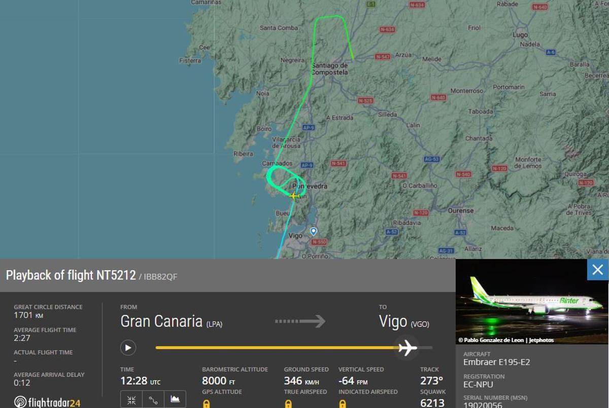 El avión de Binter realizó una espera de más de diez minutos sobre la ría de Pontevedra por el mal tiempo.