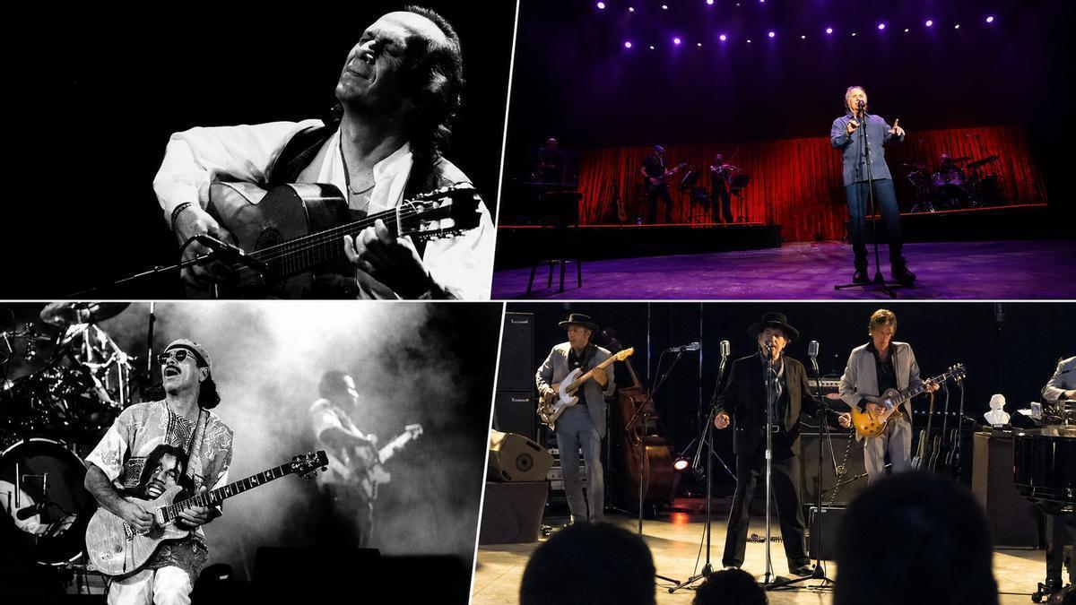 De arriba abajo y de izquierda a derecha, Paco de Lucía, Serrat, Carlos Santana y Bob Dylan, sobre el escenario del Teatro de la Axerquía de Córdoba.