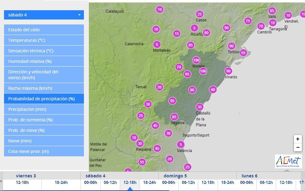 Probabilidad de precipitaciones para el sábado.