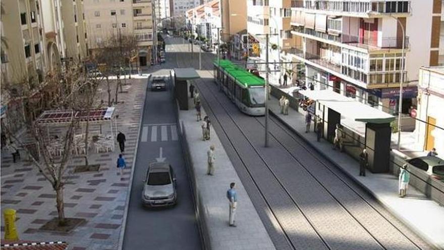 Recreación del tramo del metro de Málaga al Hospital Civil en superficie.