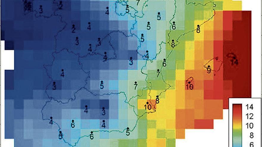 Die Grafik zeigt die Anzahl der Tage mit von Sahara-Sand durchsetztem ­Regen in Spanien.