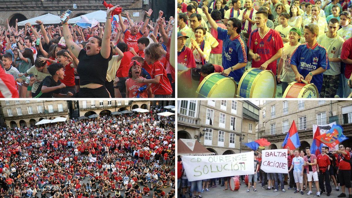 A la izquierda, dos imágenes de la celebración del pasado domingo en la Praza Maior; arriba a la derecha, los festejos tras el ascenso a segunda en 1996, y abajo a la derecha, aficionados protestan por la inminente desaparición del CD Ourense.