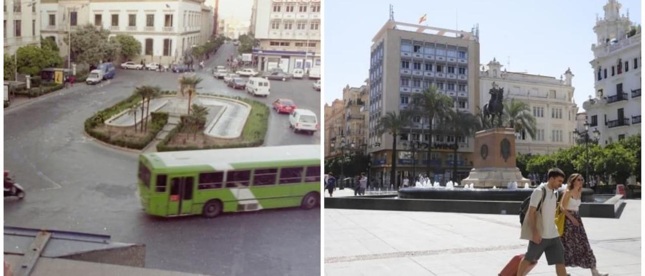 Plaza de las Tendillas antes y después de ser peatonalizada.