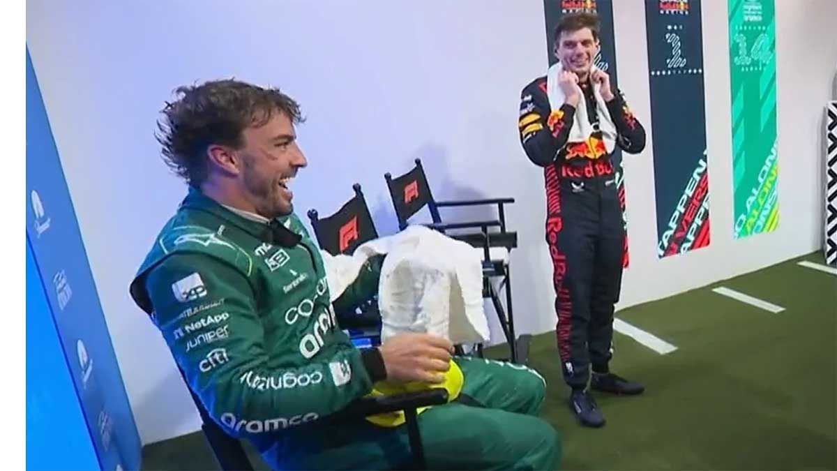Alonso y Verstappen, antes de la ceremonia de podio en Miami