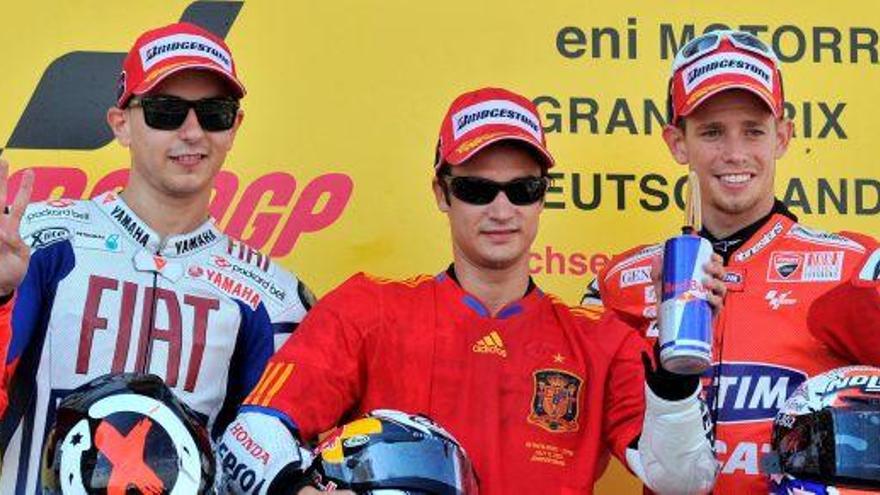 De izquierda a derecha, Jorge Lorenzo, Dani Pedrosa y Casey Stoner.