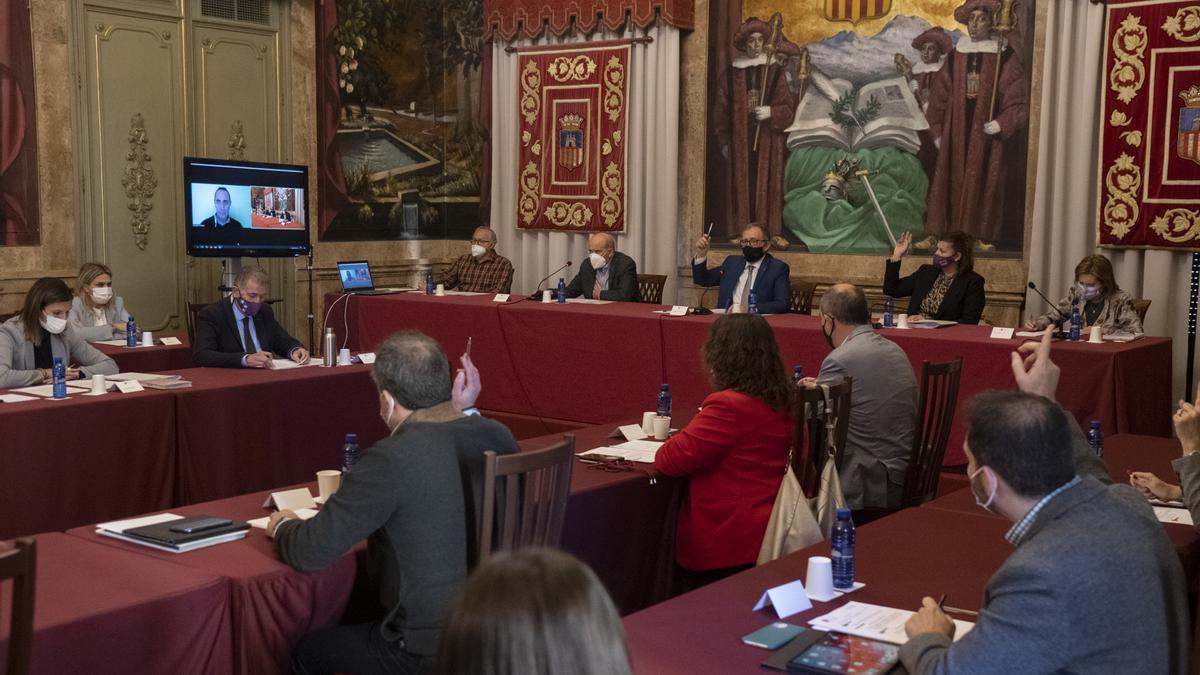 Momento del pleno celebrado este martes, con el diputado de Bomberos, Abel Ibáñez, participando por vía telemática.