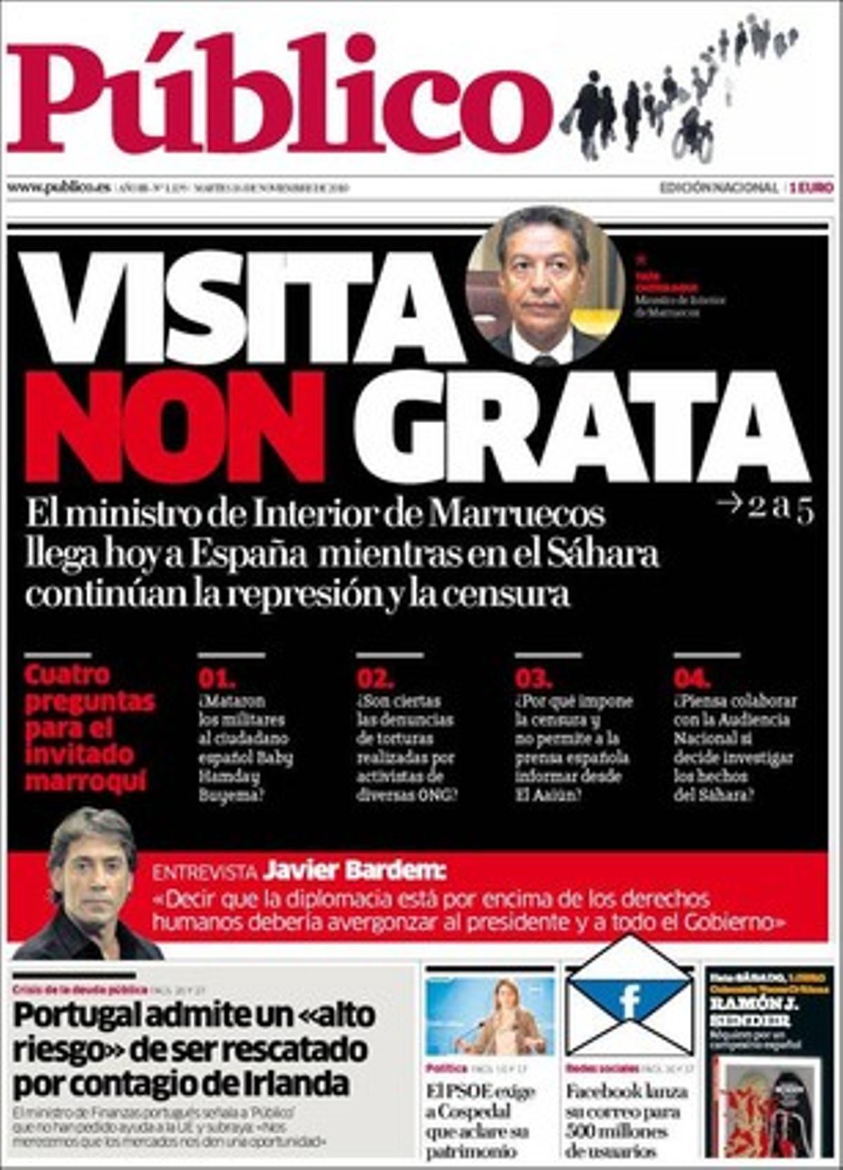 ’Público’ explica a les pàgines interiors que ICV burla el veto del Govern al debat sobre les pensions; que Hisenda estreny el setge sobre les operacions de la multinacionals a l’exterior; que les empreses de l’Ibex remunten malgrat la crisi, que la ministra Leire Pajín no considera forassenyat que els impostos del tabac serveixin per sostenir la sanitat, i que Facebook vol reinventar l’’e-mail’.