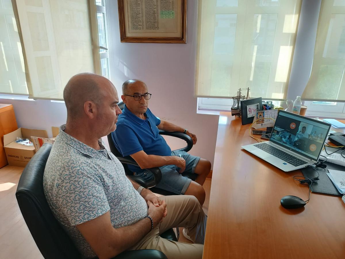 Félix Juncal y Celso Dopazo en la reunión telemática de hace unos días con Augas de Galicia y el resto de los municipios del area de Pontevedra.
