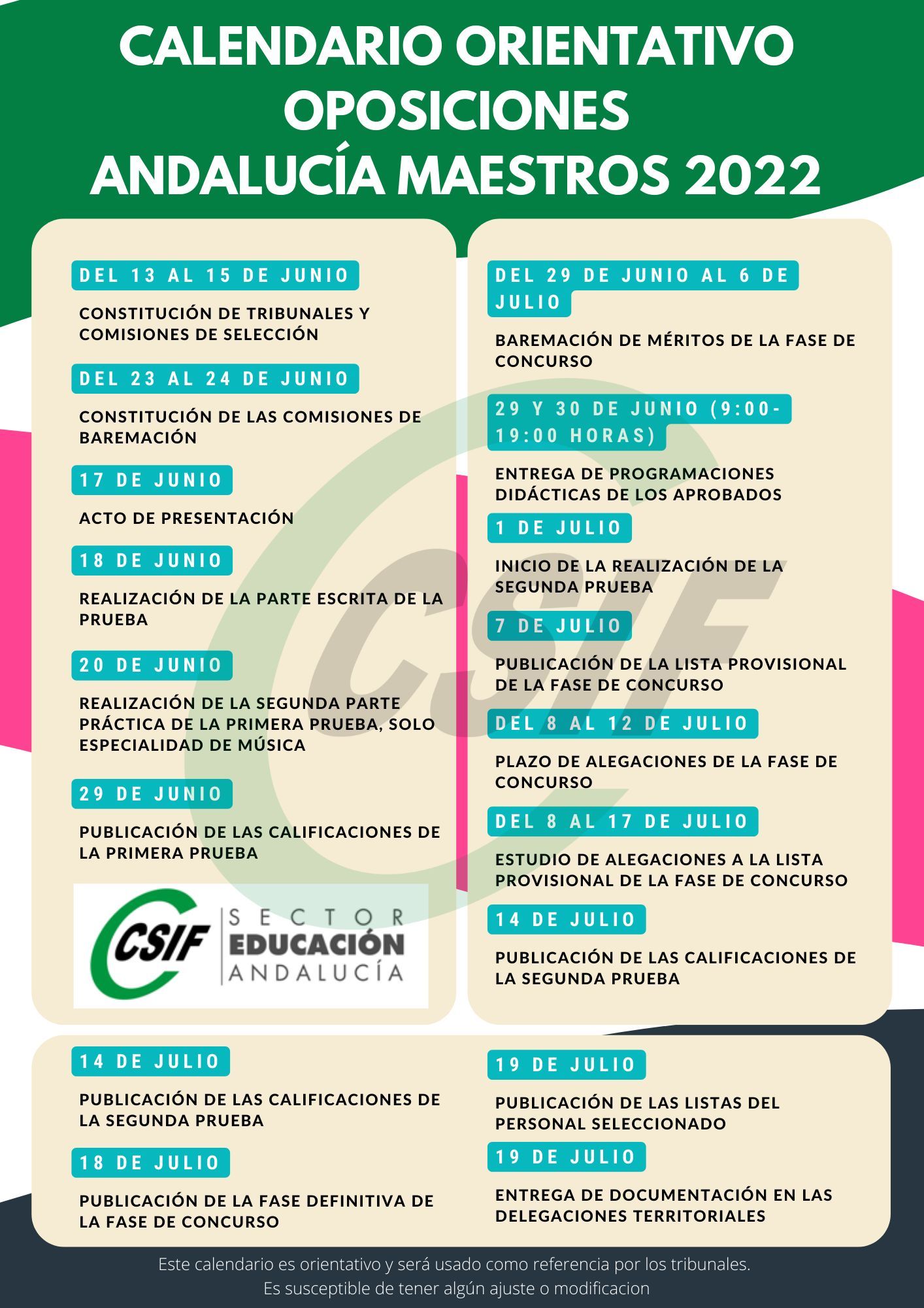 Calendario orientativo de las oposiciones elaborado por CSIF.