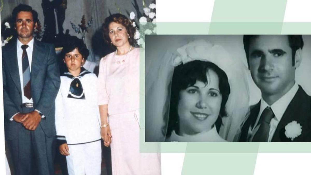 Juan Pedro, junto a sus padres, Carmen y Andrés, el día de su comunión. A la derecha, foto de boda de los padres del niño.