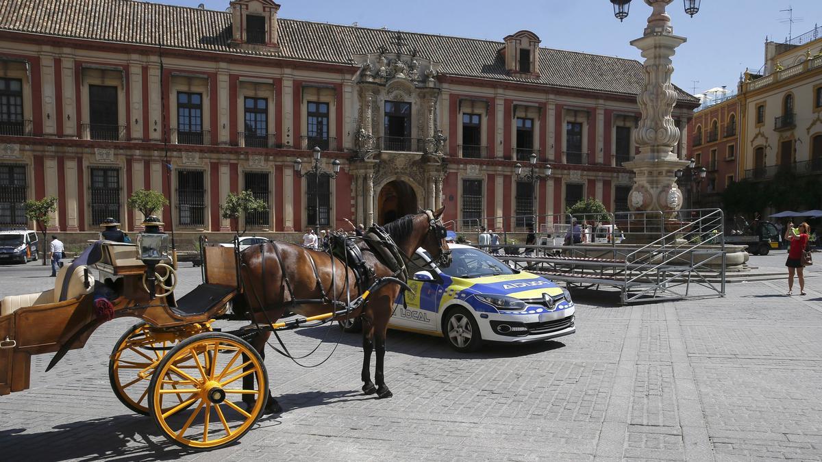 Un coche de caballos en la Plaza de la Virgen de los Reyes, en el centro de Sevilla