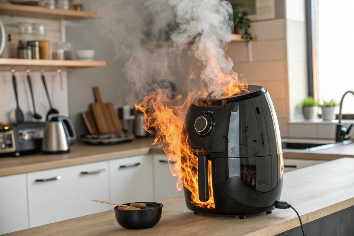 Imagen generada por inteligencia artificial de un airfryer en llamas.