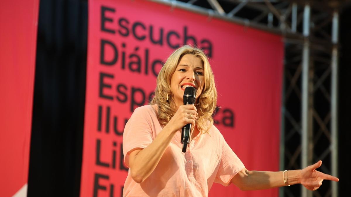 Imagen de la vicepresidenta Segunda del Gobierno de España, Yolanda Díaz, en el acto celebrado en Las Palmas de Gran Canaria este sábado.