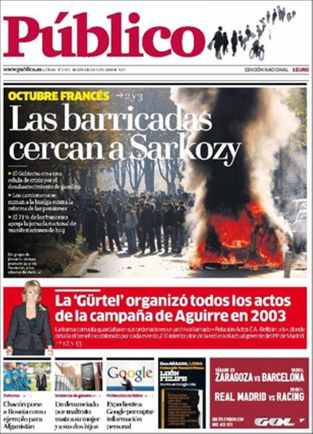 ’Público’ explica a les pàgines interiors que el conseller madrileny Francisco Granados es desentén de l’acusació que Gurtel va organitzar tots els actes electorals d’Esperanza Aguirre el 2003 al·legant que ell no entén de comptabilitat, que unes 2.850 famílies han demanat i obtingut aquest any ajuda urgent de la Generalitat de Catalunya per poder pagar les seves hipoteques i lloguers, i que un home va morir electrocutat ahir dins un transformador elèctric d’un polígon industrial de Sant Vicenç dels Horts quan presumptament intentava robar coure.