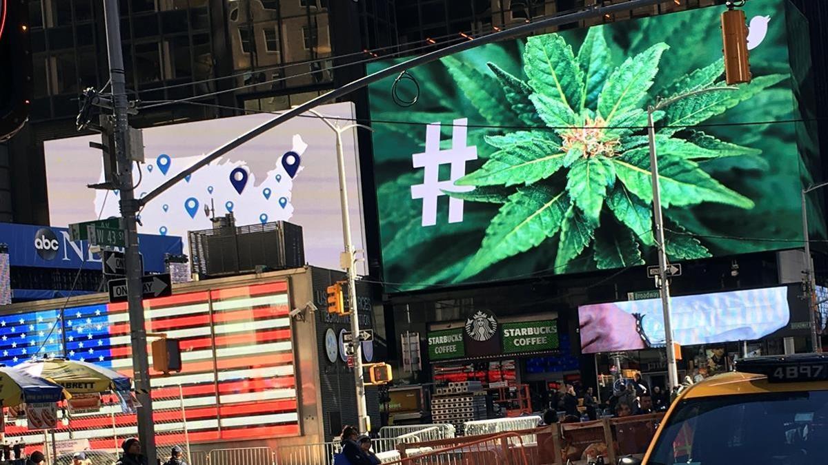 An electronic billboard displays a marijuana hashtag at Times Square in New York  U S   November 7  2016  REUTERS Shannon Stapleton