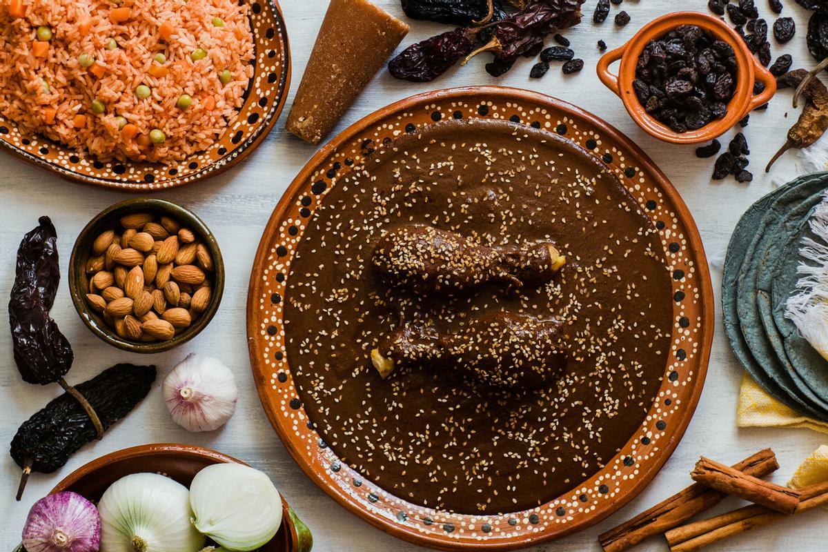 Mole Mexicano, Poblano mole ingredients, mexican spicy food traditional in Mexico.