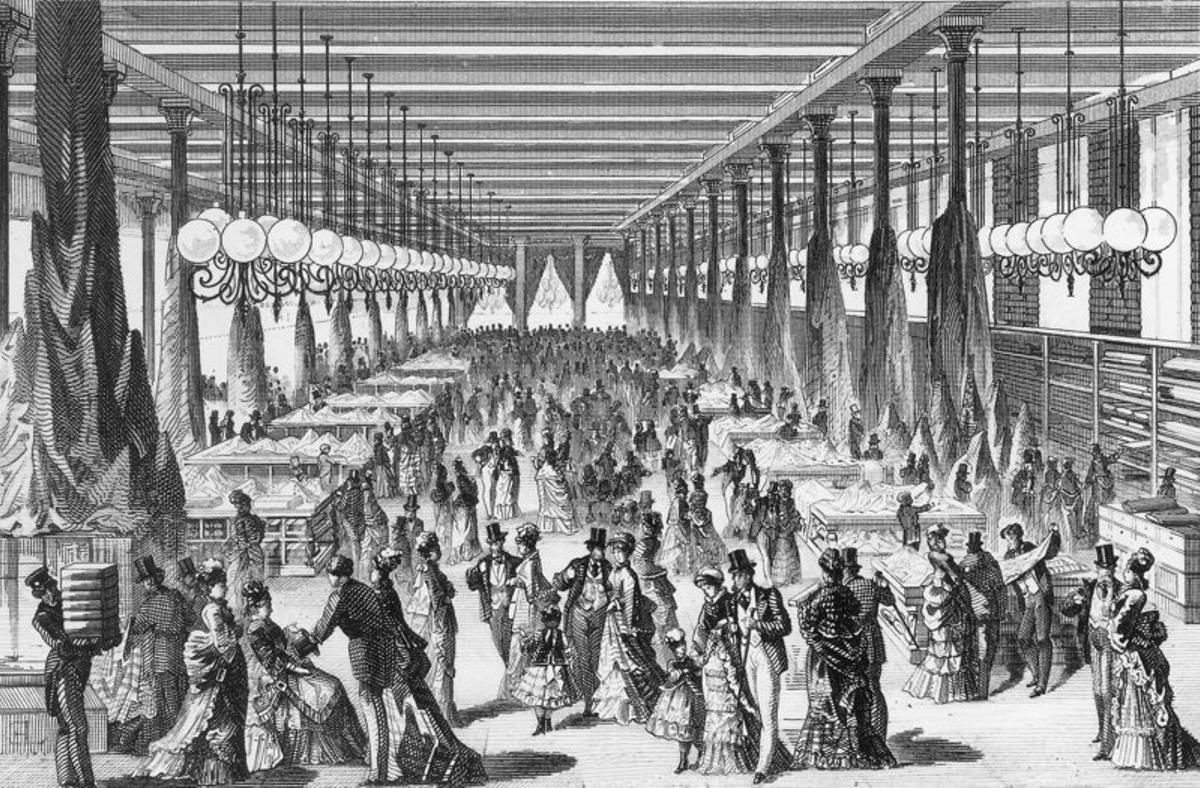 Grabado histórico del interior del Bon Marché.