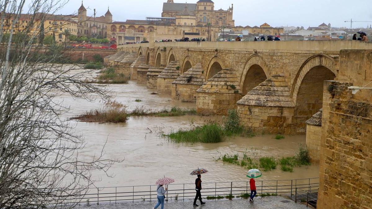 Turistas y vecinos en el Puente Romano, con un río crecido por las últimas lluvias.