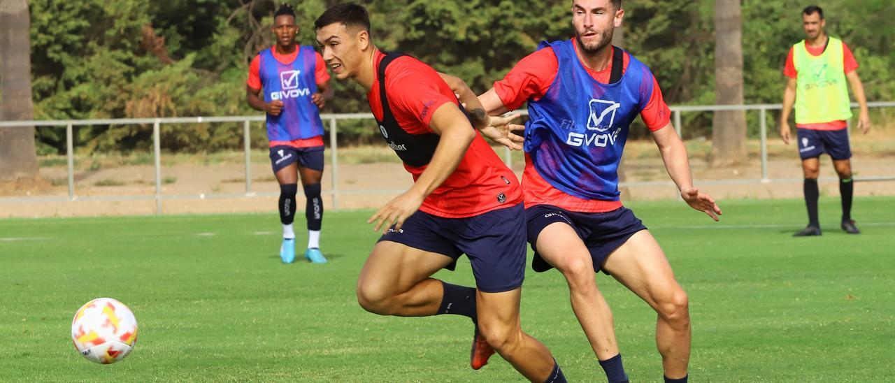 Adrián Fuentes y José Cruz en un entrenamiento del Córdoba CF de esta temporada.