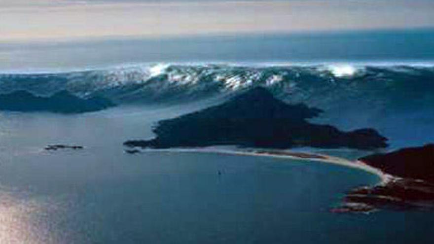 Recreación virtual de una ola gigante pasando sobre las islas Cíes