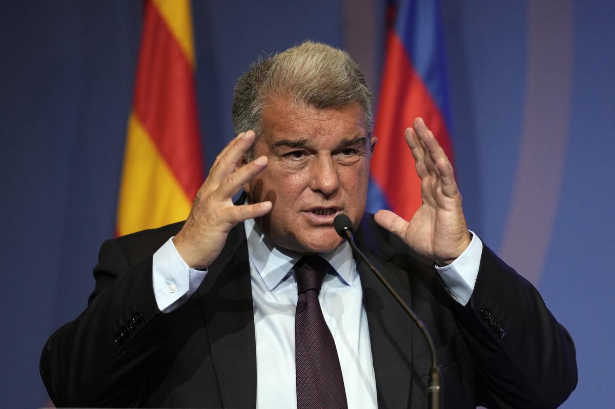 President of FC Barcelona Joan Laporta holds a press conference over 'Negreira' case