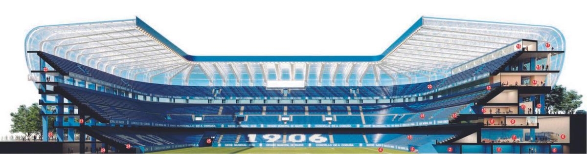 Imagen del proyecto con el interior del estadio y las zonas entre las gradas. | // L. O.