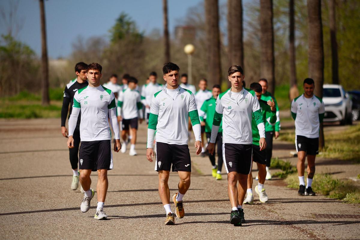Los futbolistas del Córdoba CF, en su llegada a la Ciudad Deportiva en un entrenamiento de esta semana.