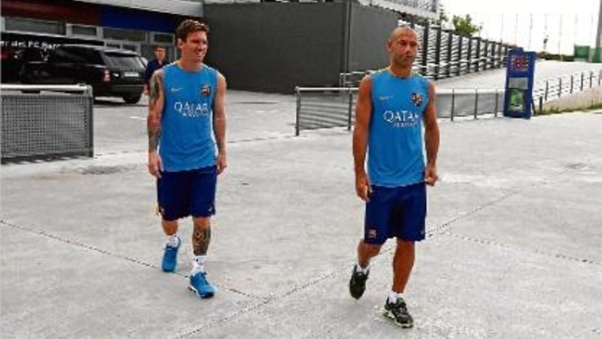 Messi i Mascherano es van presentar ahir a la Ciutat Esportiva.