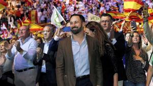 El presidente de Vox, Santiago Abascal, durante el acto de la formacion celebrado el pasado 7 de octubre en el Palacio de Vistalegre de Madrid.