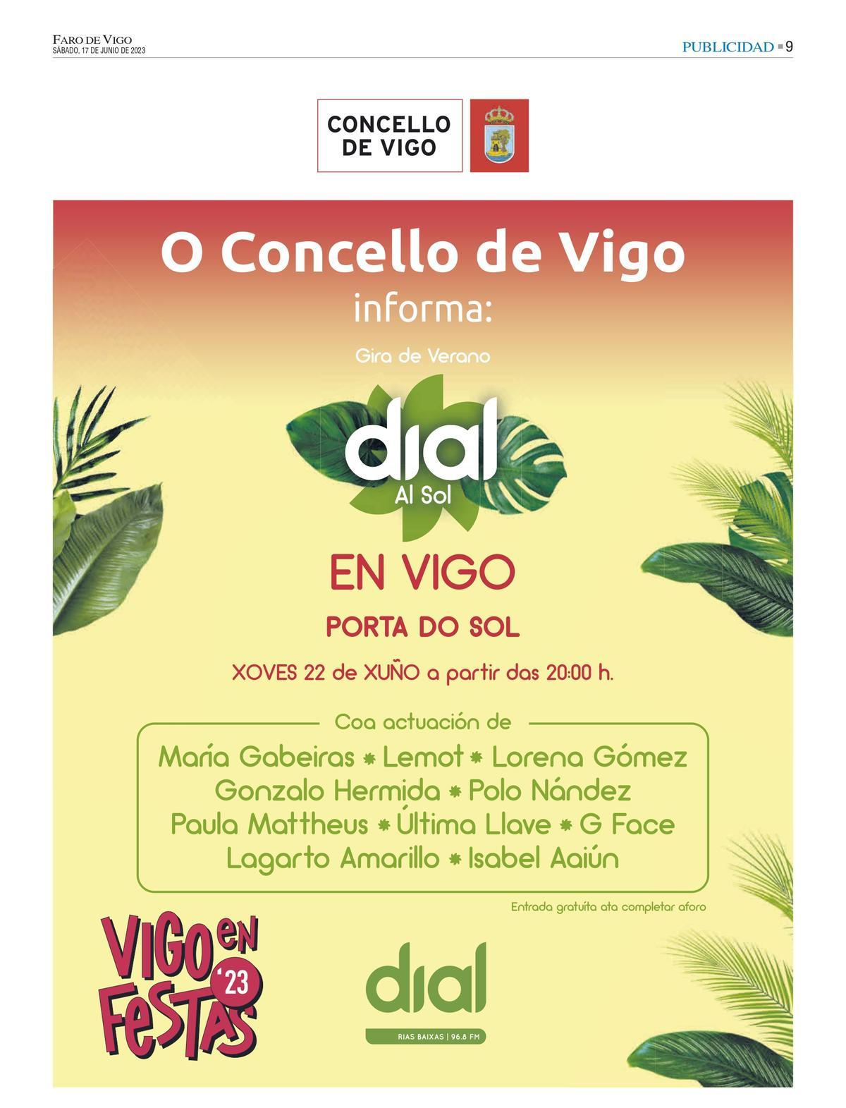 Cartel de conciertos de Dial al Sol que se celebrará en Vigo el jueves 22 de junio.