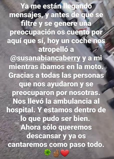 El texto que ha compartido Amor Romeira comentando el accidente
