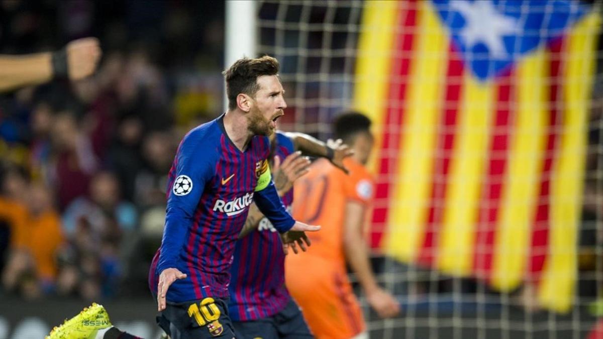 Messi celebra el tercer gol del Barça sobre el Olympique de Lyon.