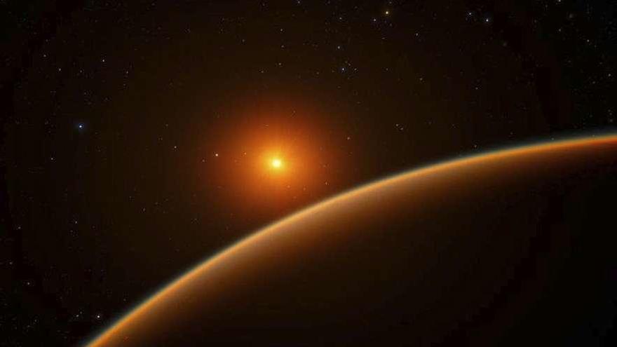 Recreación del exoplaneta LHS 1140b, descubierto hace dos años, con la enana roja al fondo. // ESO