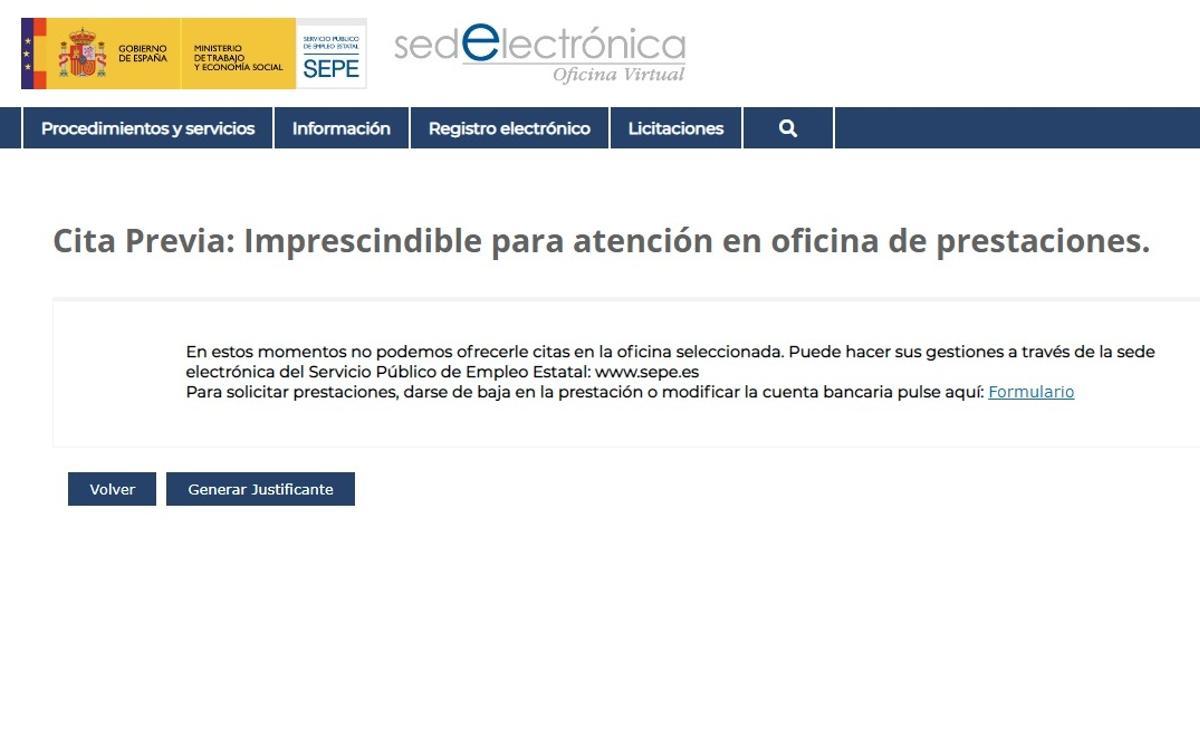 La página web del SEPE muestra incidencias para pedir citas previas.