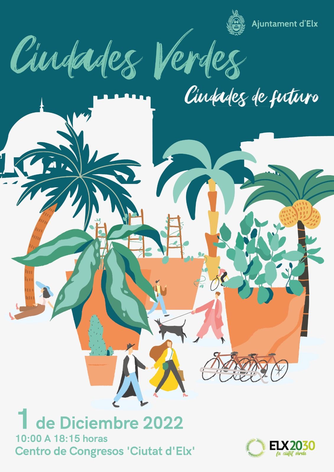 Cartel de la jornada &quot;Ciudades verdes, ciudades de futuro&quot; que se celebrará el 1 de diciembre en el Centro de Congresos de Elche.