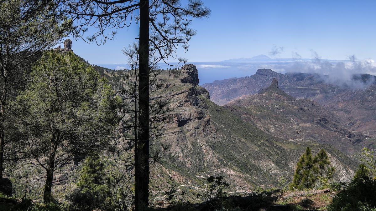 Vista desde El Corral del Roque Nublo y el Bentayga, con el Teide de fondo.