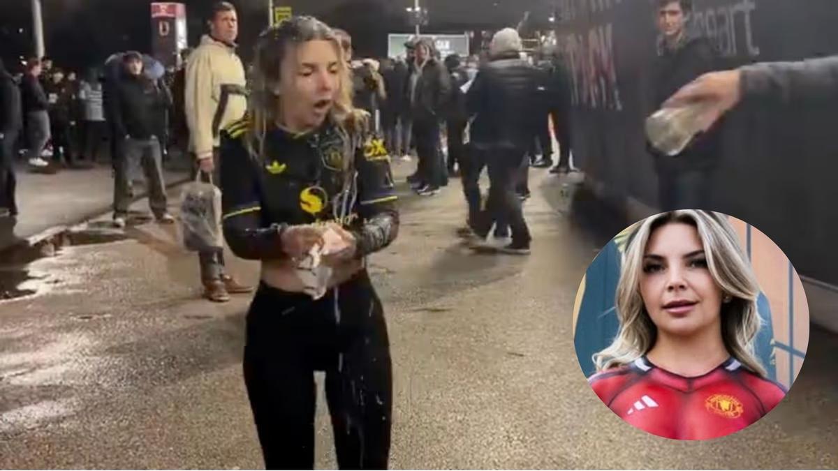 Un aficionado empapa de cerveza a Shania tras burlarse del West Ham en las afueras del estadio