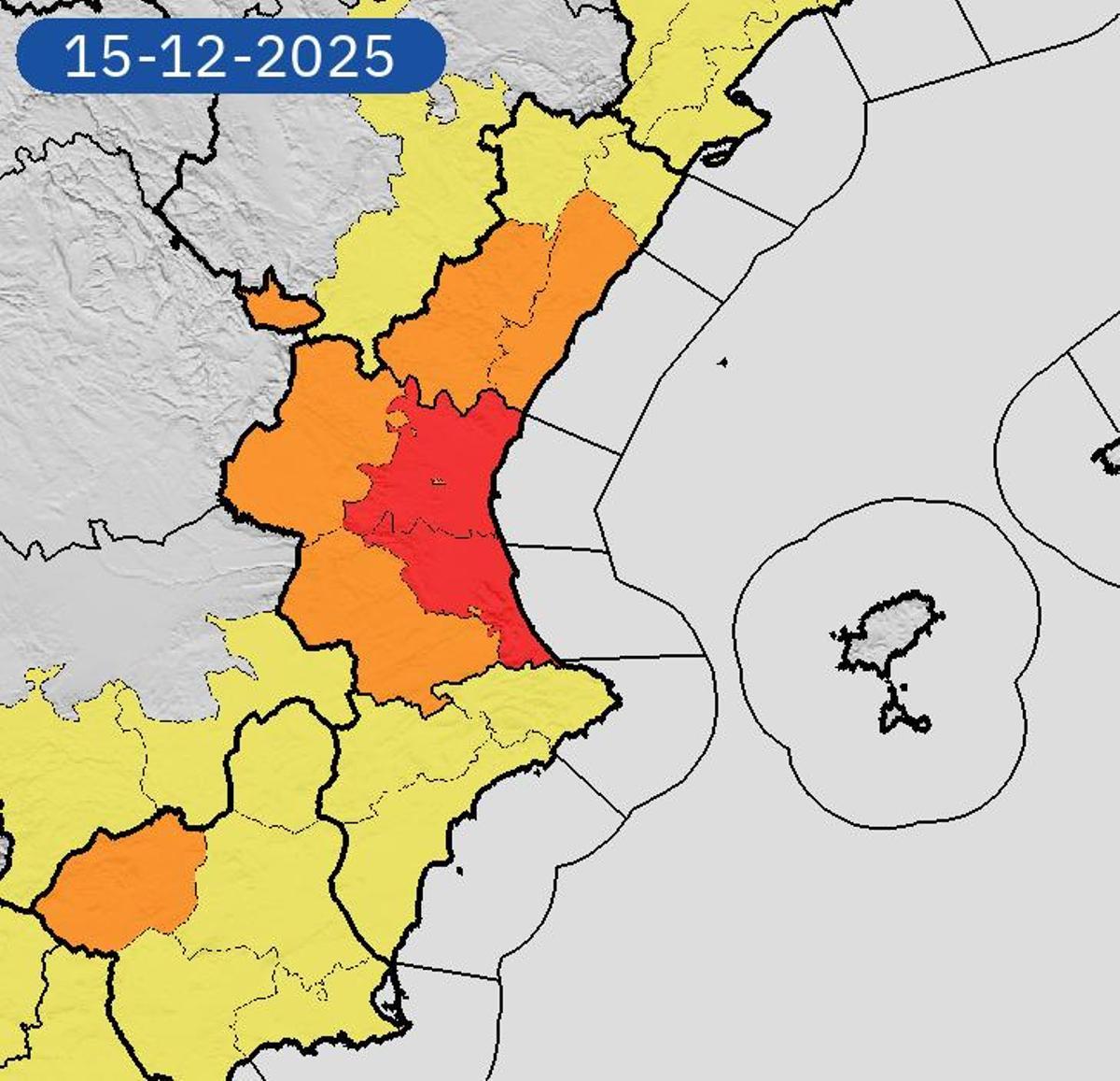 Pronóstico de la Aemet para este lunes, en la que se puede apreciar que buena parte de la provincia de Castellón está en alerta naranja.