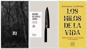 Portadas de los libros; Arrea! de Col and Col,  Anatomía del cuchillo japonés de Cinco Tintas y Los hilos de la vida de Planeta Gastro