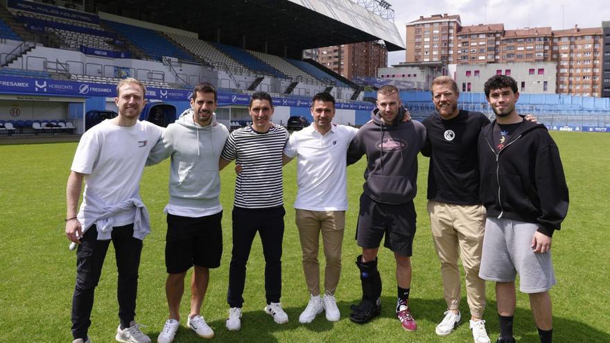 Por la izquierda, Edu Cortina, Pedro Orfila, Jorge Fernández, Natalio, César García, Jorge Morcillo y Álvaro Fernández, ayer en el Suárez Puerta. | LUISMA MURIAS